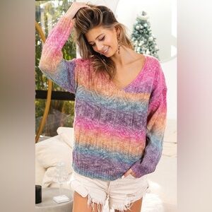 NWT BiBi Rainbow 🌈 Colored Knit V-Neck Sweater Size Large